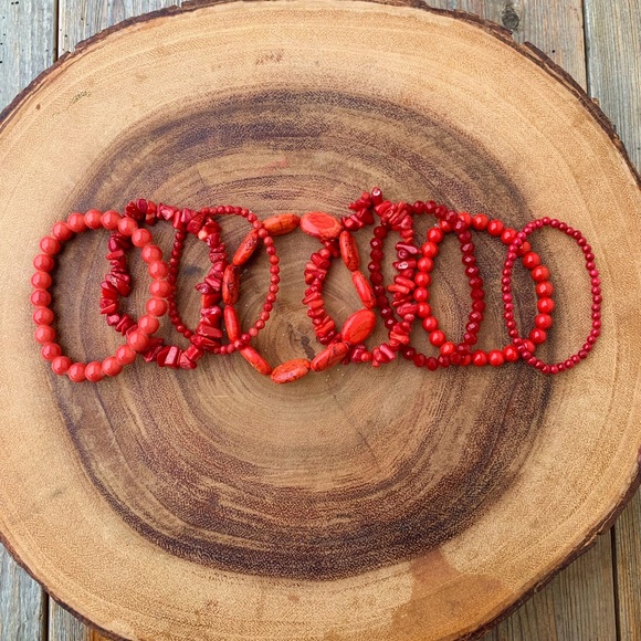 Natural Red Bamboo Coral & Genuine Jasper Gemstone Mixed Beads Bracelet Stack - Picture 5 of 11